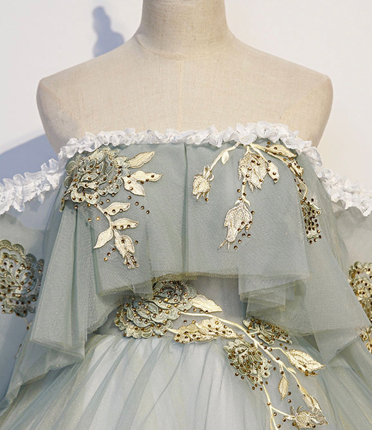 Green tulle lace long prom dress A line evening gown 10343