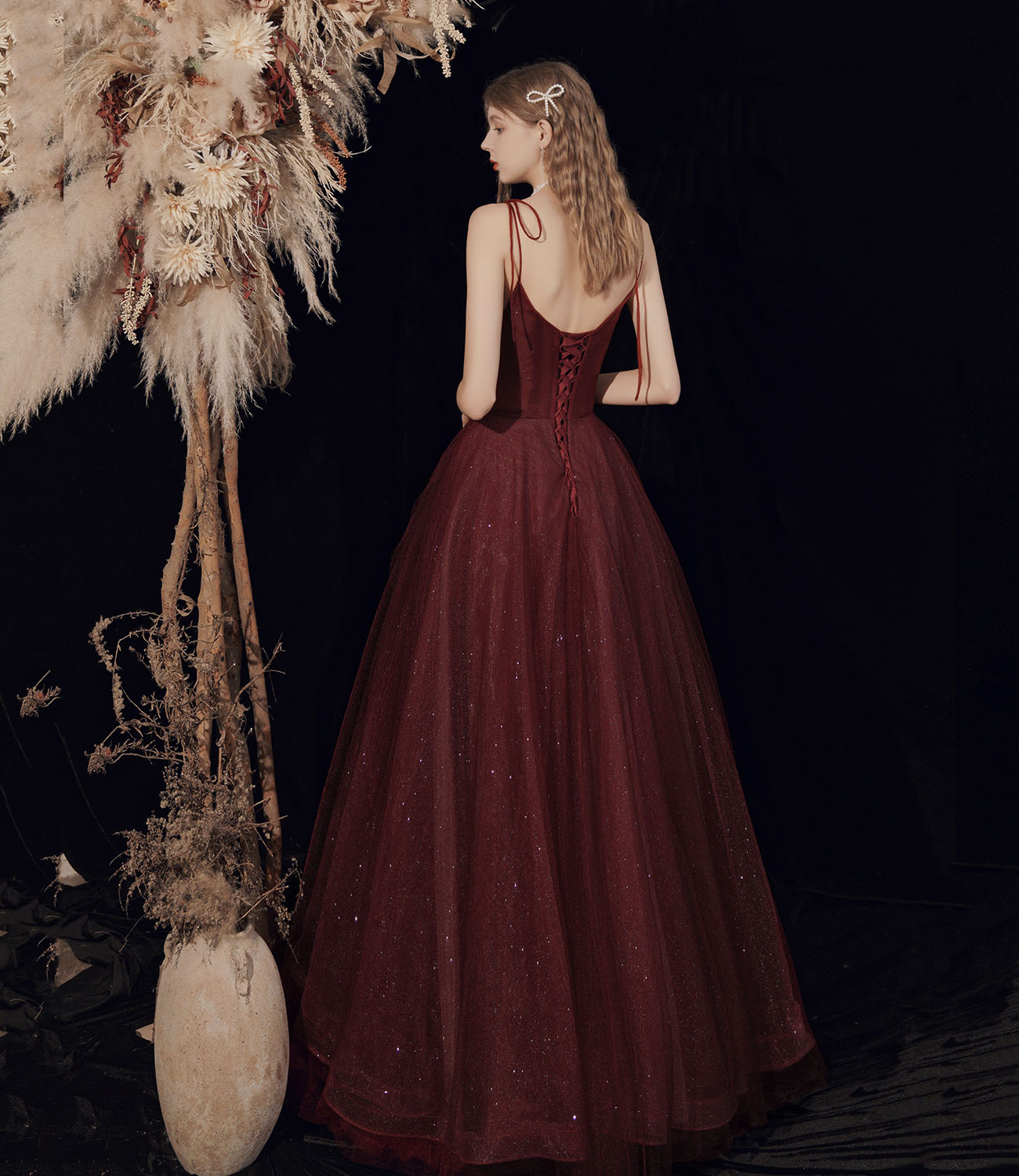 Burgundy tulle beads long prom dress evening dress 10418