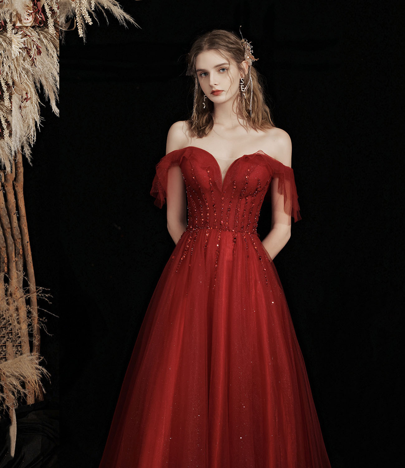 Burgundy tulle beads long prom dress A line evening gown 10428