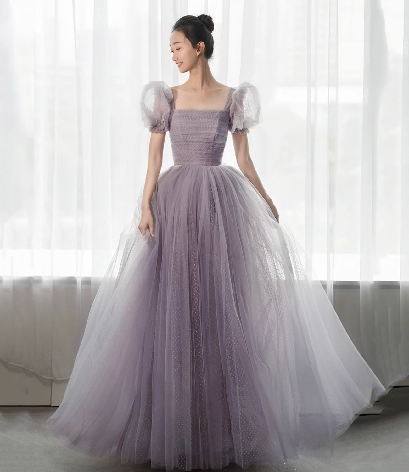 Purple tulle long prom dress A line evening gown 10308