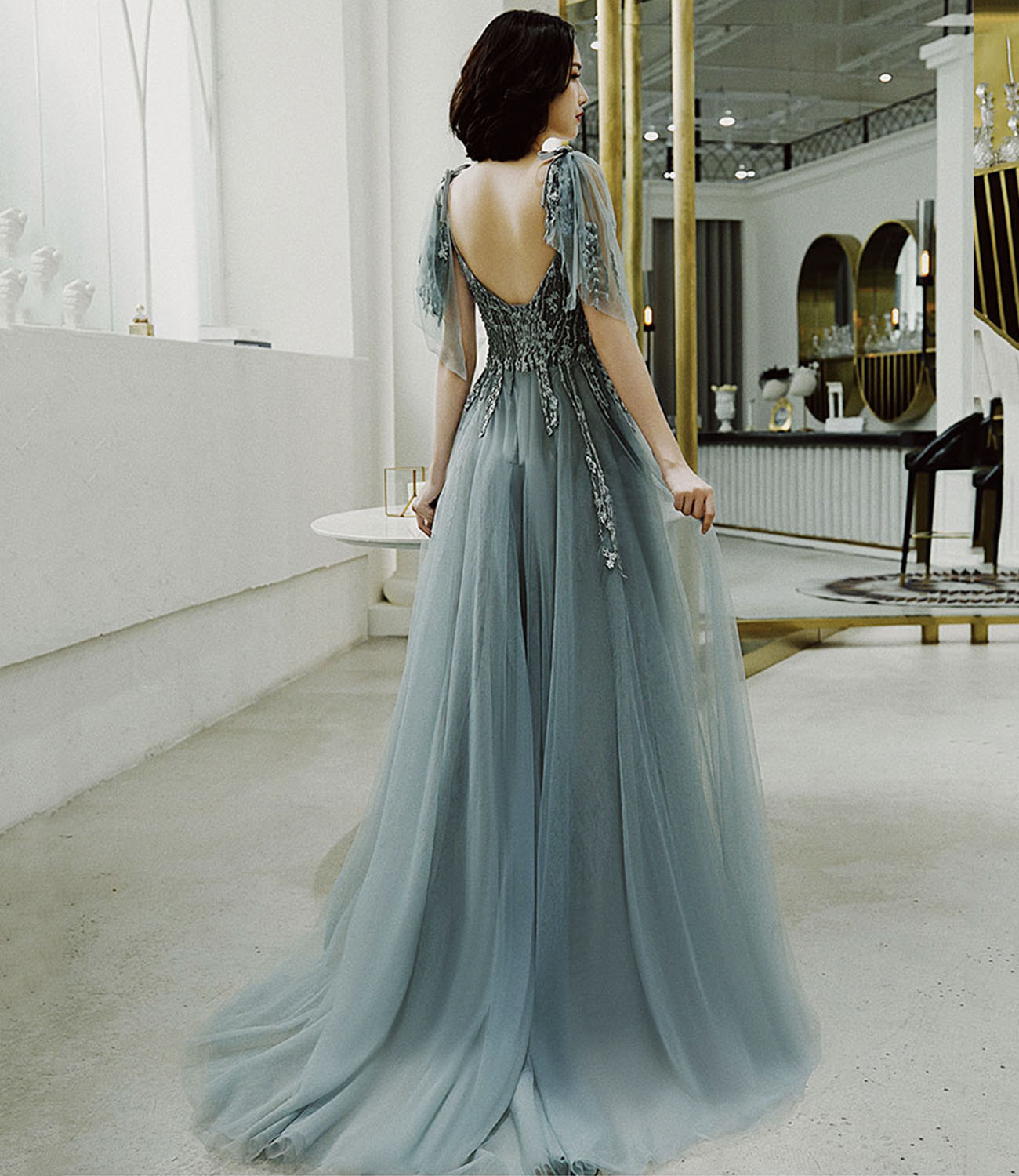 Cute tulle lace long prom dress A line evening dress 10422