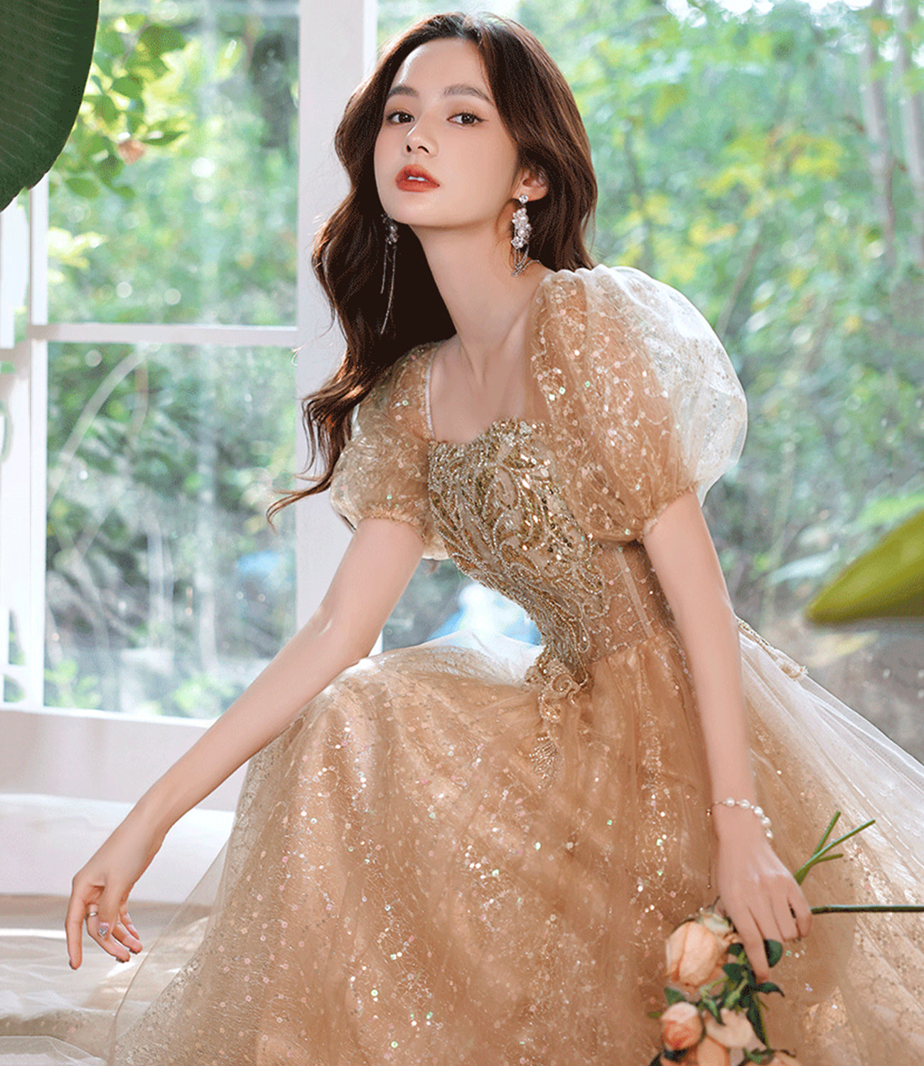Shiny tulle sequins long prom dress A line evening dress 10389