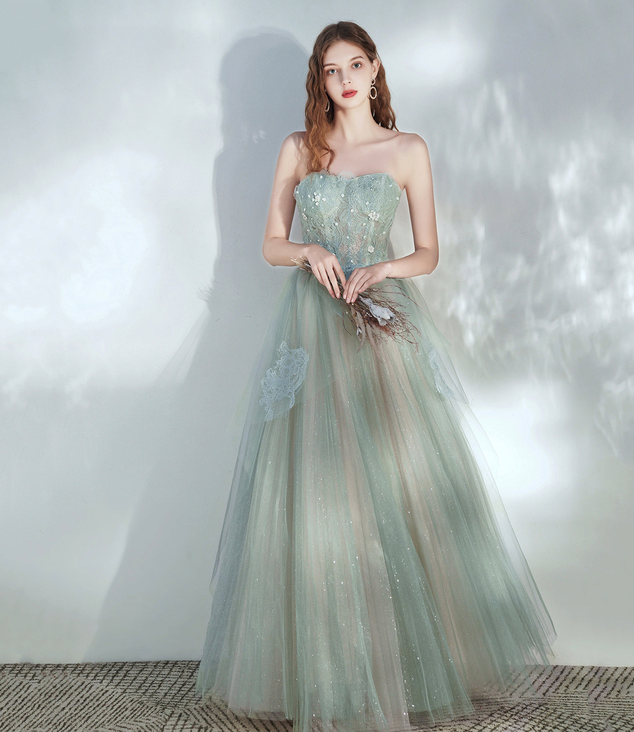 Green tulle lace long prom dress A line evening dress 10379
