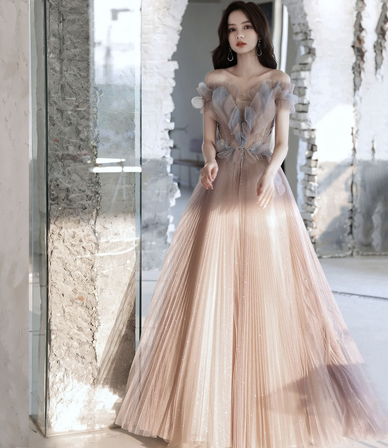 Cute tulle long prom dress A line evening dress 10426