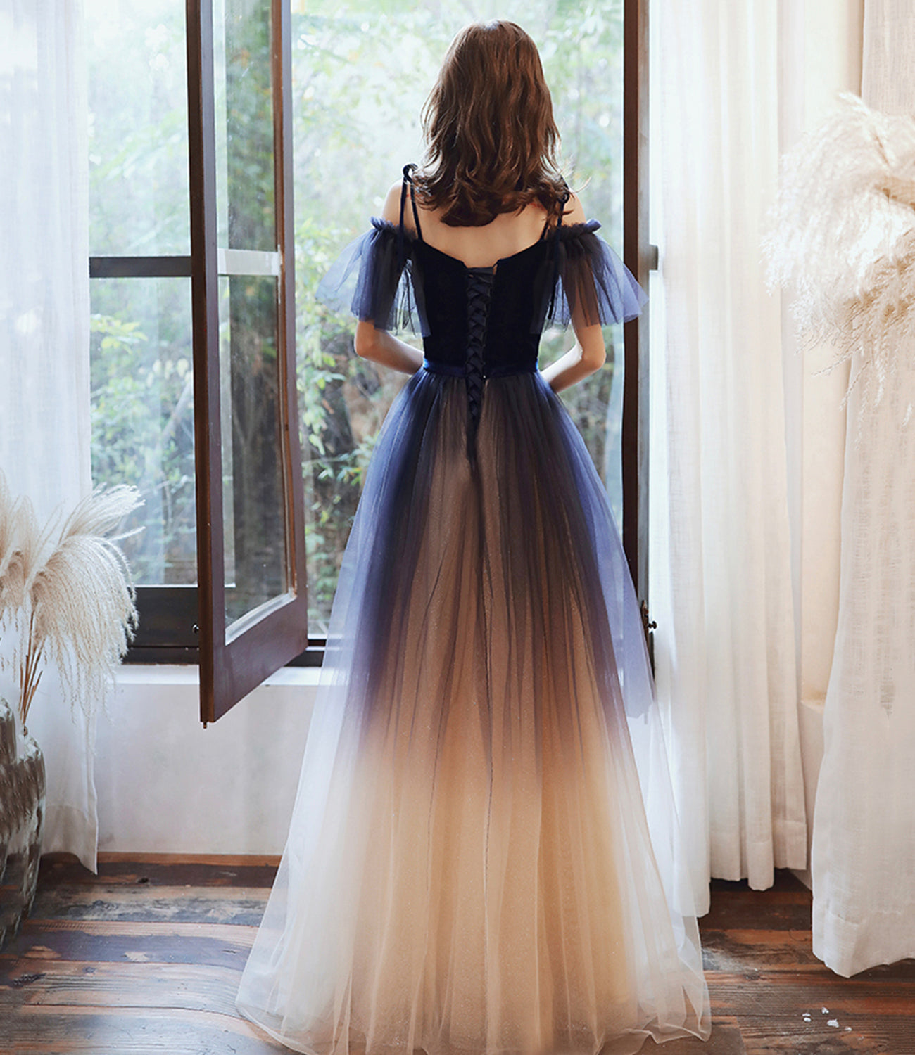 Blue velvet tulle long prom dress A line evening dress 10365