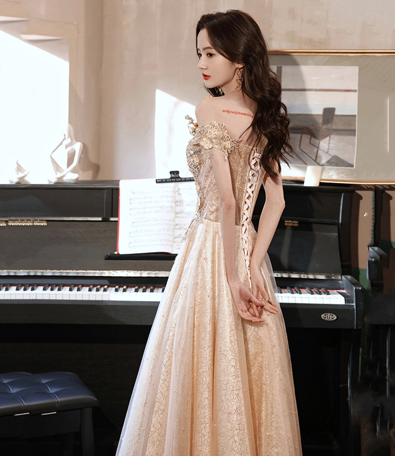 Champagne tulle lace long prom dress A line evening gown 10381