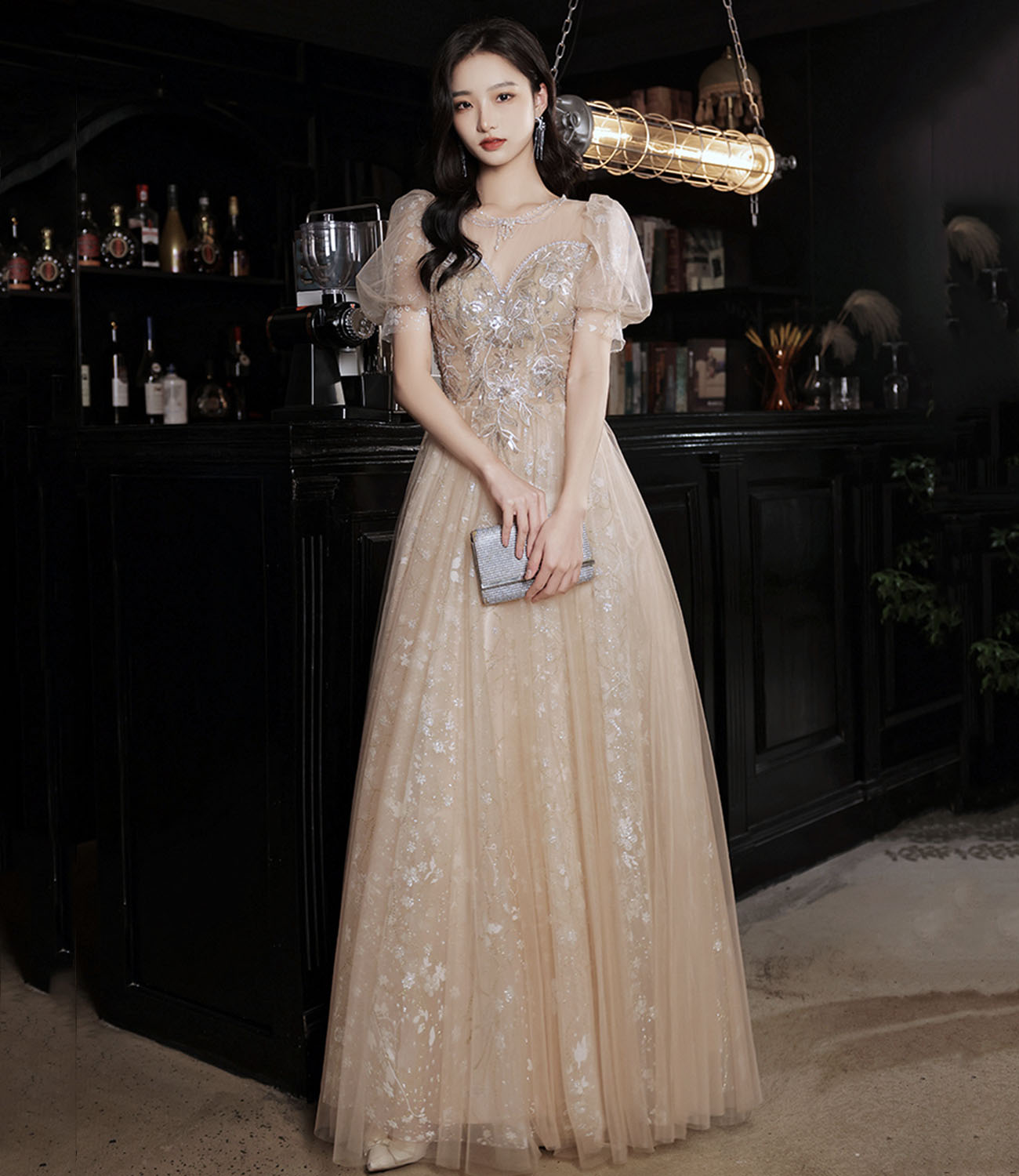 Champagne tulle sequins long prom dress evening dress 10325