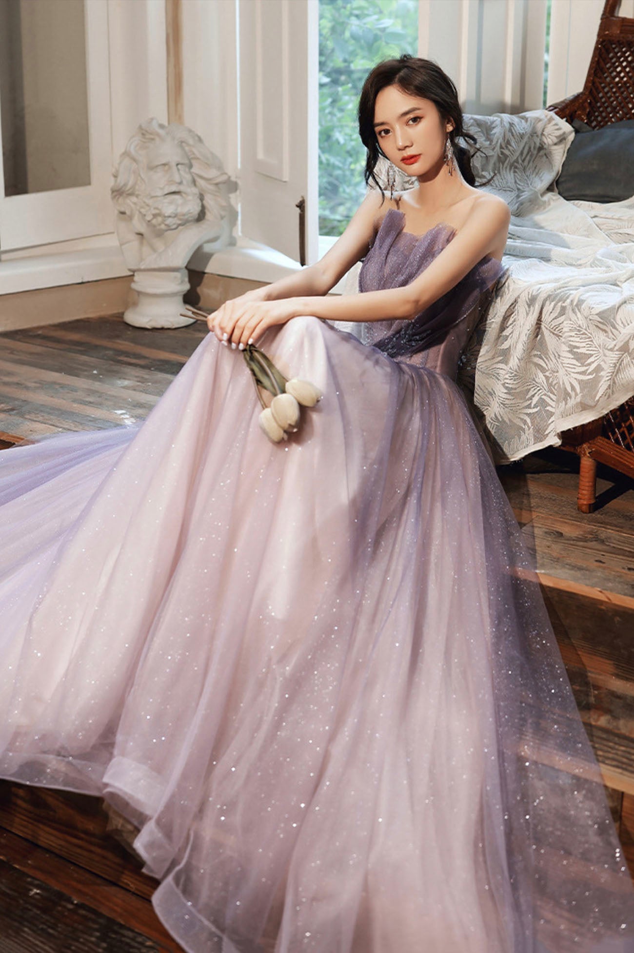 Purple tulle sequins long prom dress evening dress 10624
