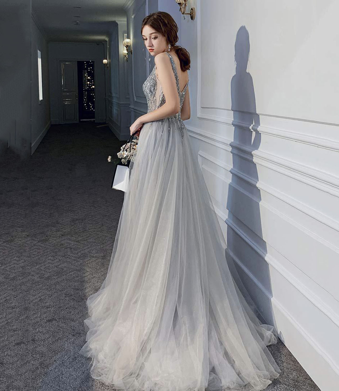 Gray tulle beads long prom dress A line evening dress 10409