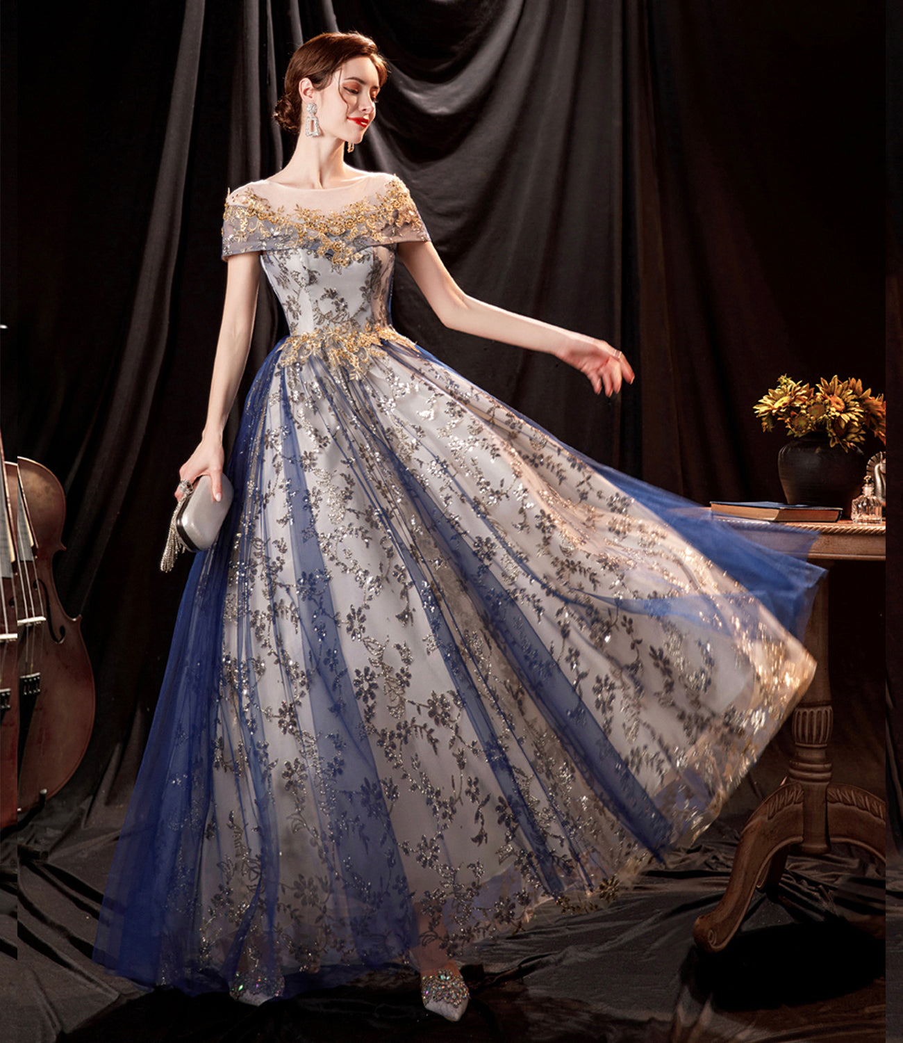 Blue tulle sequins long prom dress evening gown 10361