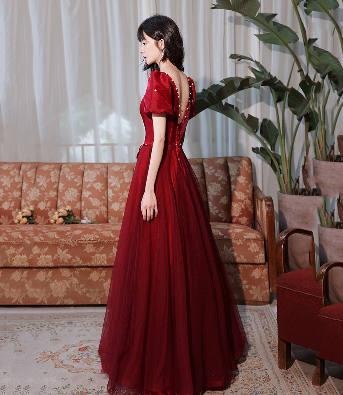 Burgundy satin tulle long prom dress A line evenig dress 10383