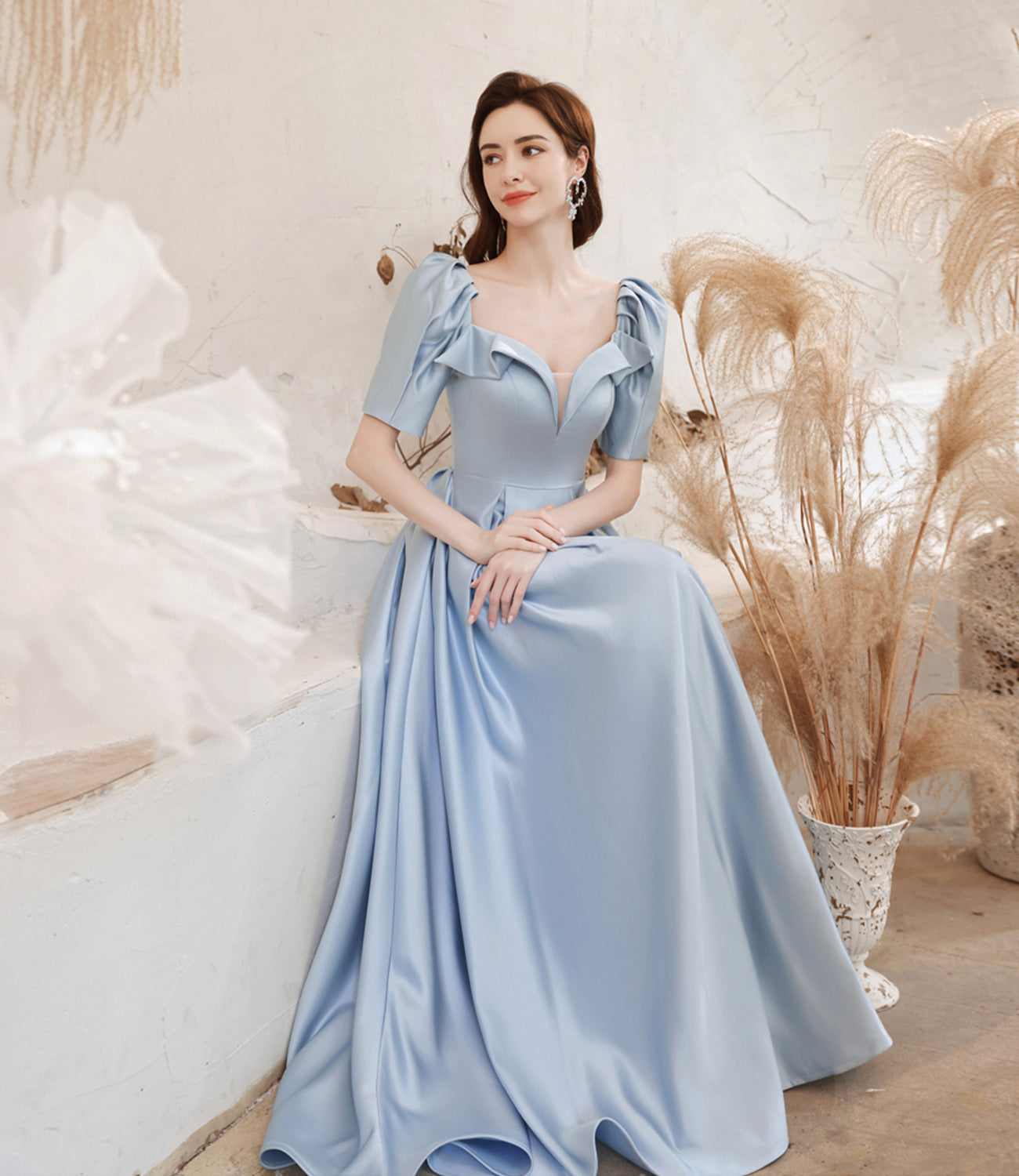Cute satin long prom dress blue evening dress 10531