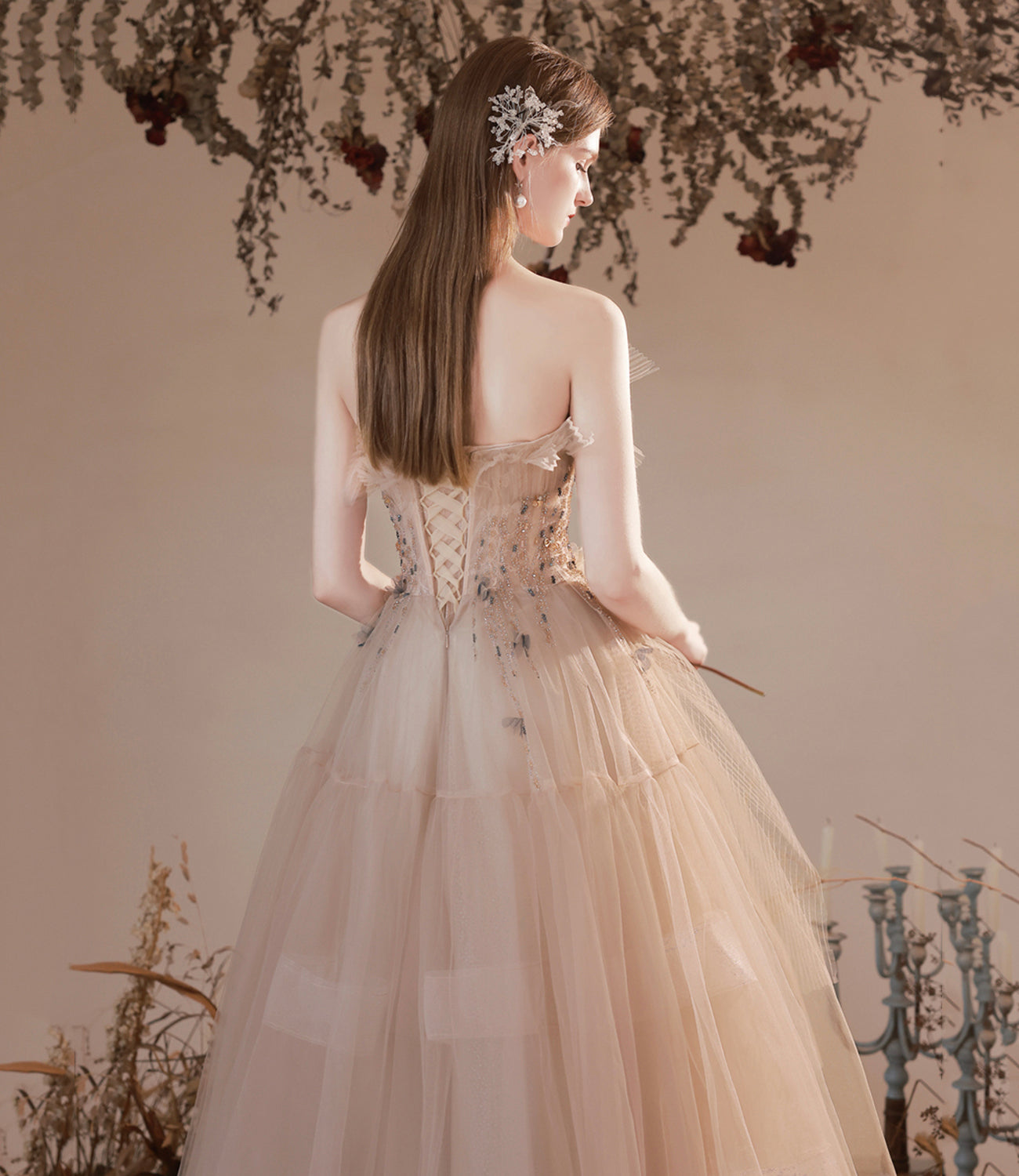 Cute tulle beads long prom dress A line evening dress 10396