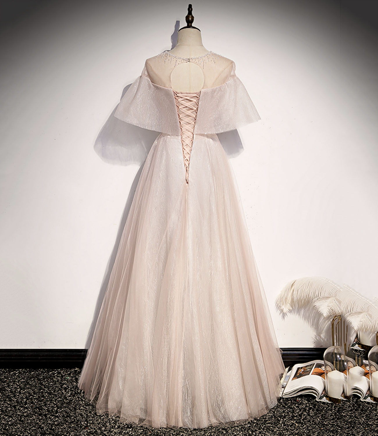 Pink tulle long prom dress A line evening gown 10331