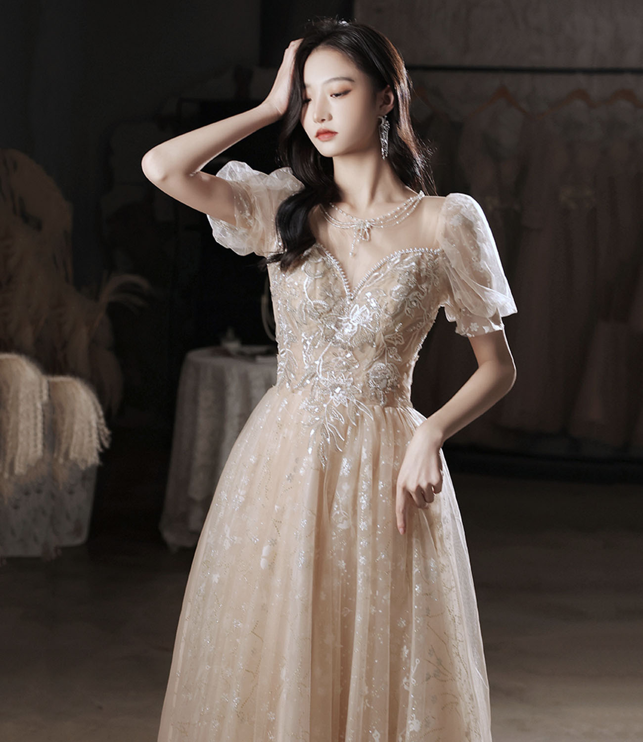 Champagne tulle sequins long prom dress evening dress 10325