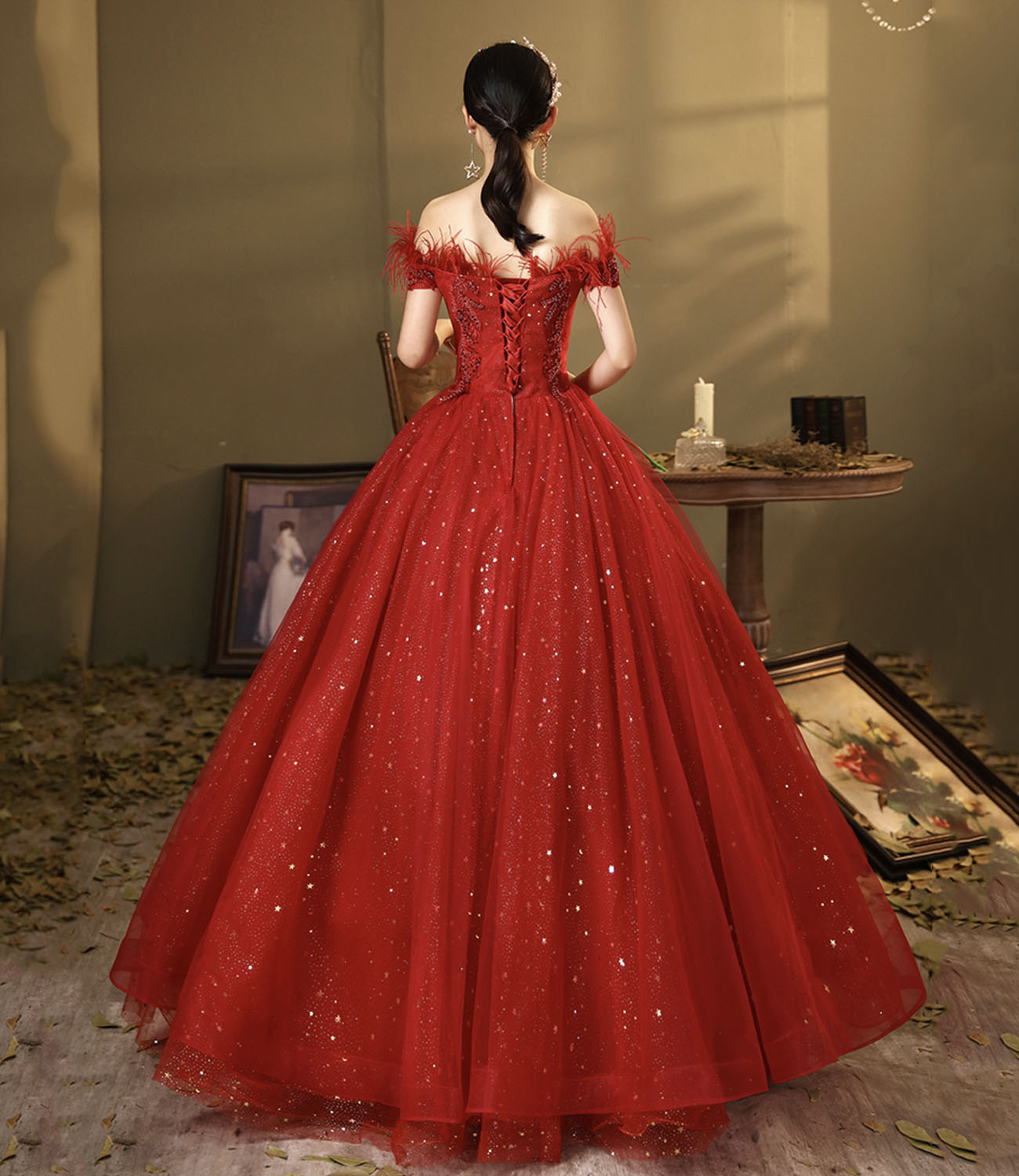 Red tulle sequins long ball gown dress A line evening dress 10324