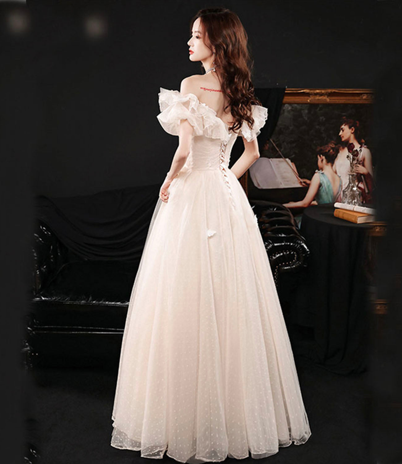 Champagne tulle long prom dress A line evening dress 10423