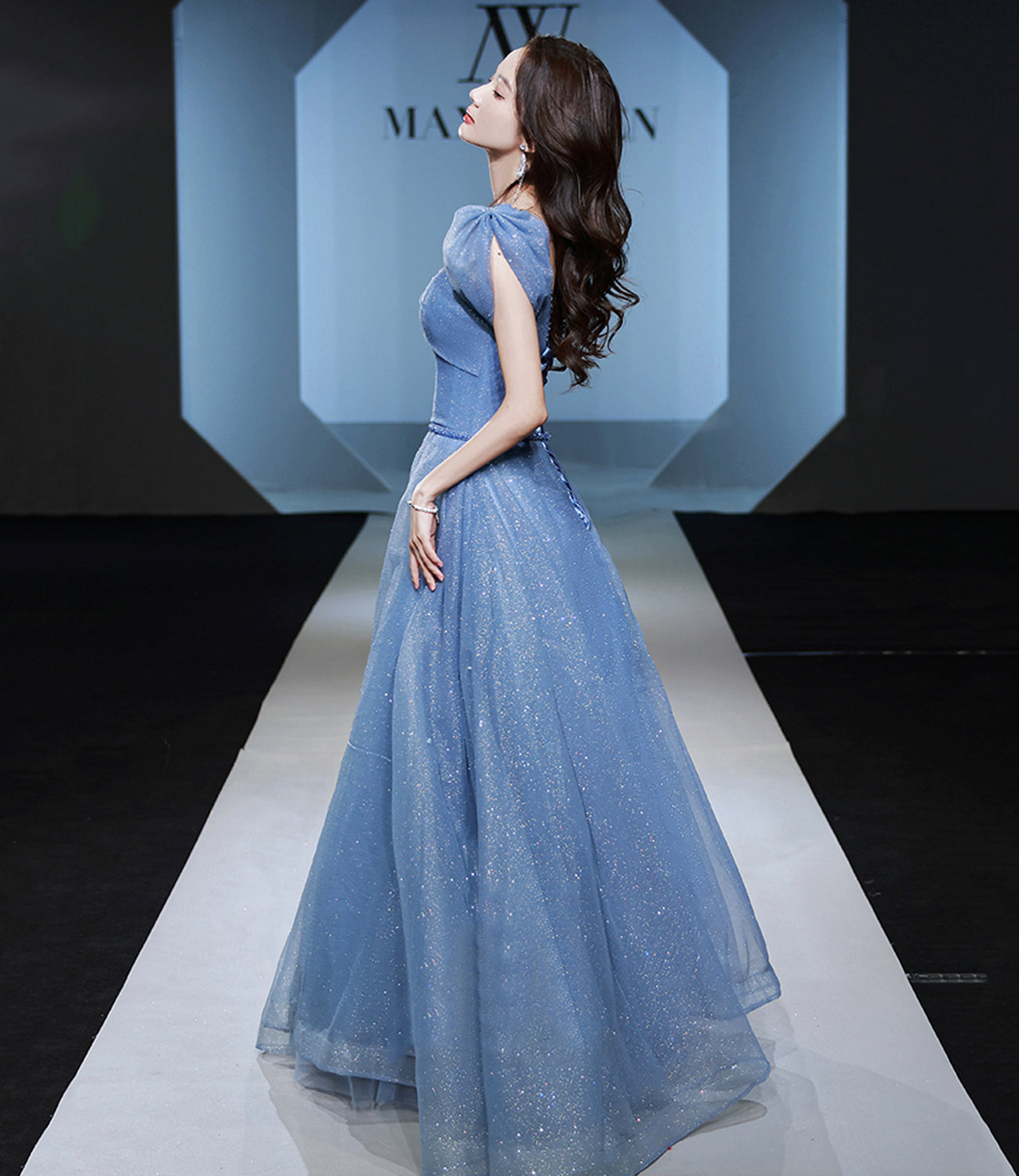 Blue tulle sequins long prom dress evening gown 10310