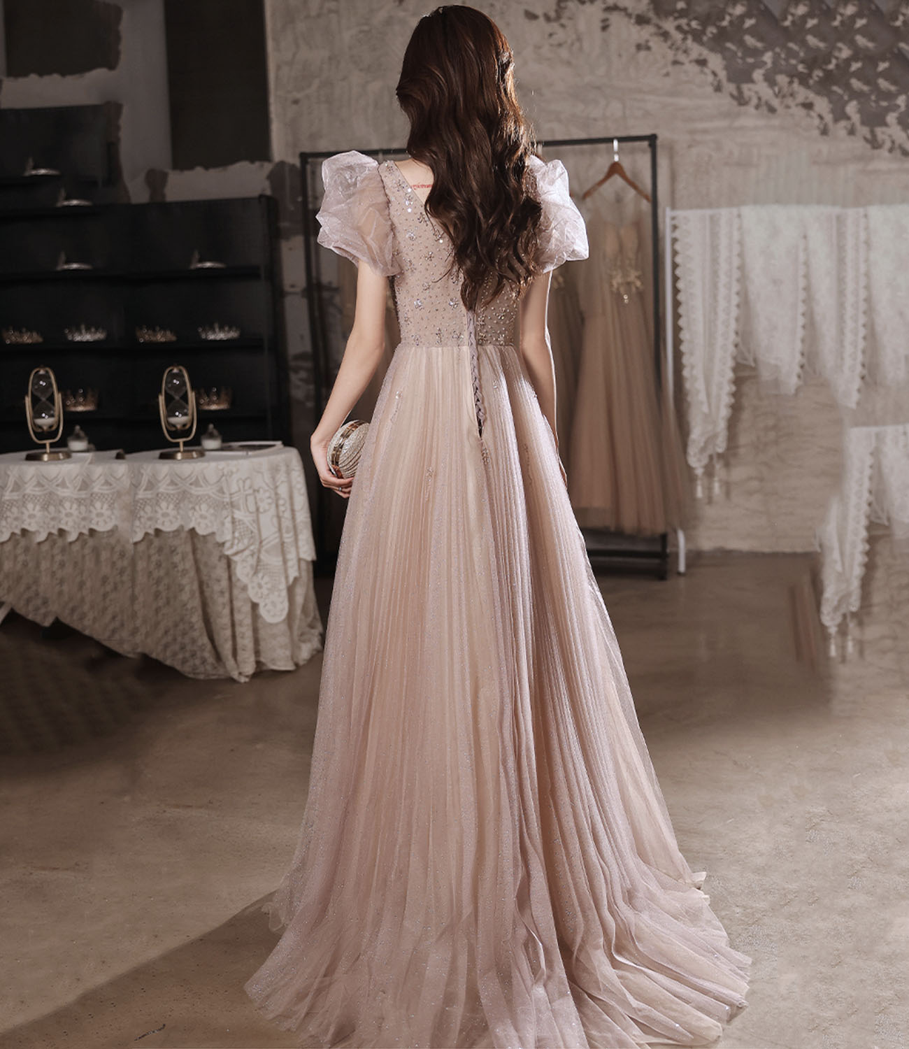 Pink tulle beads long prom dress A line evening dress 10320