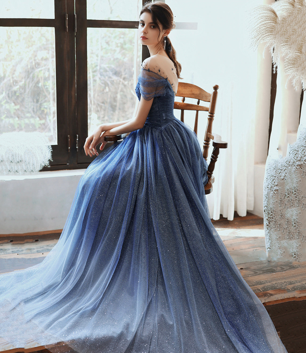 Blue tulle sequins long prom dress blue evening dress 10477
