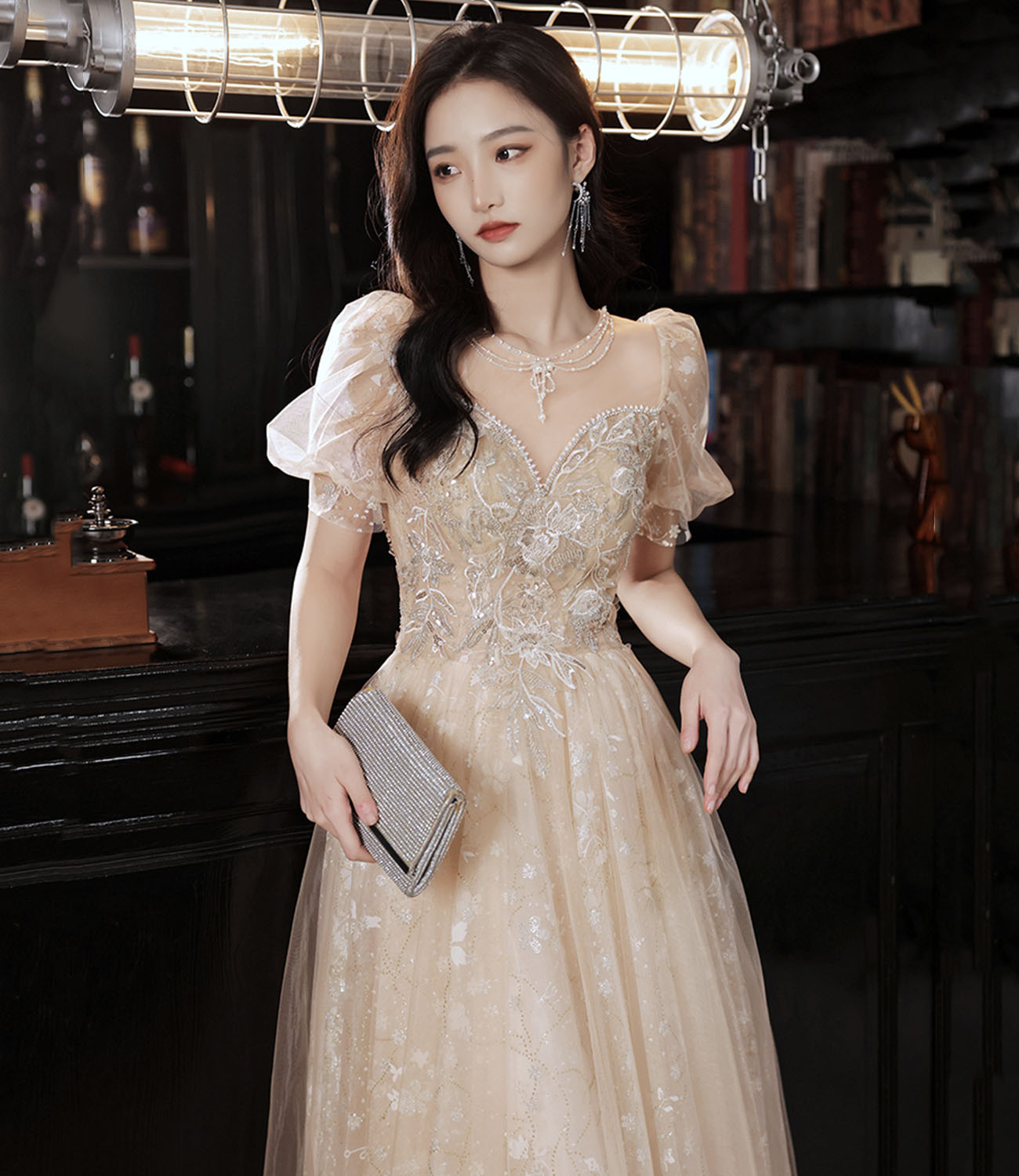Champagne tulle sequins long prom dress evening dress 10325