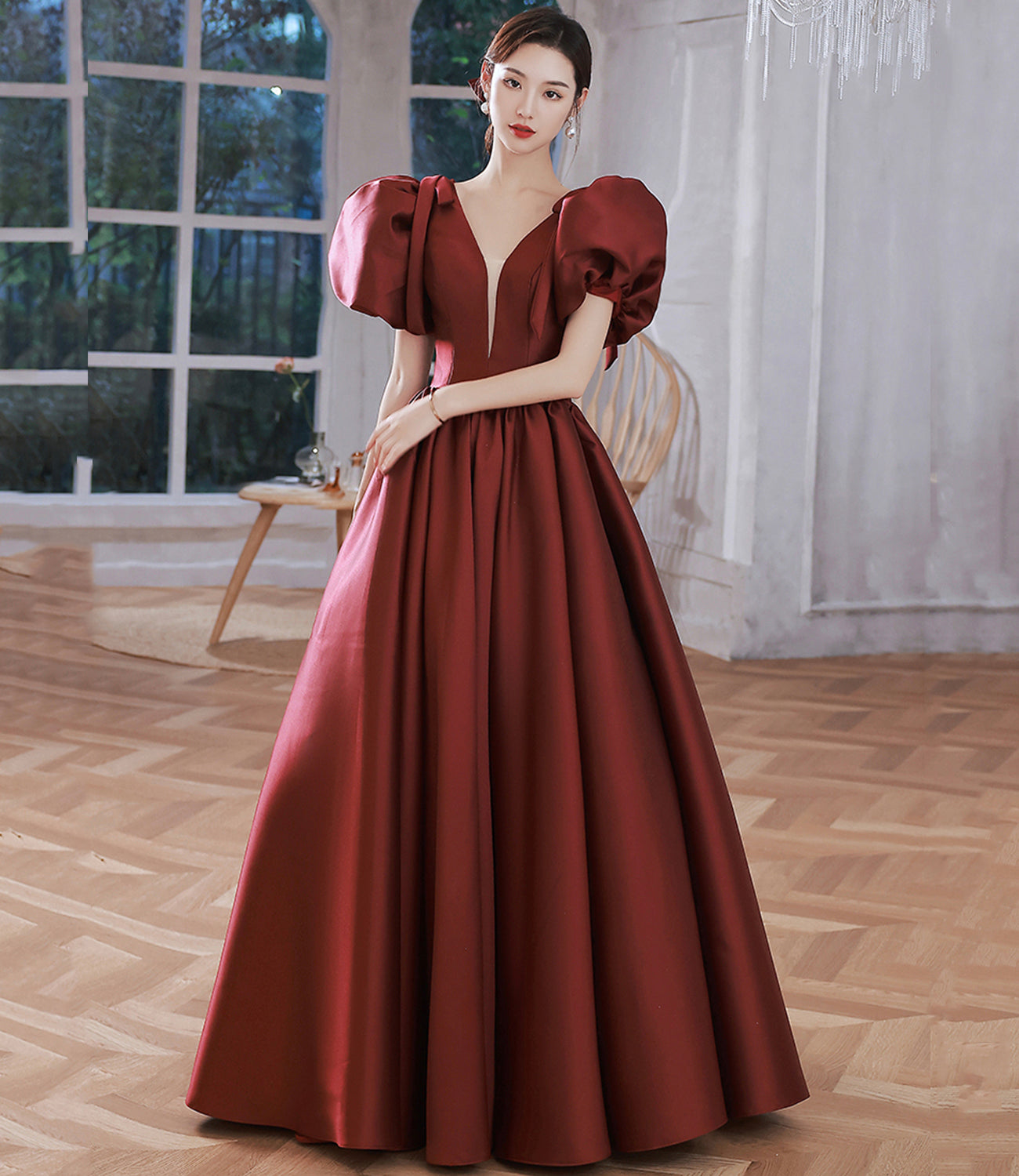 Burgundy v neck satin long prom gown A line formal gown 10314