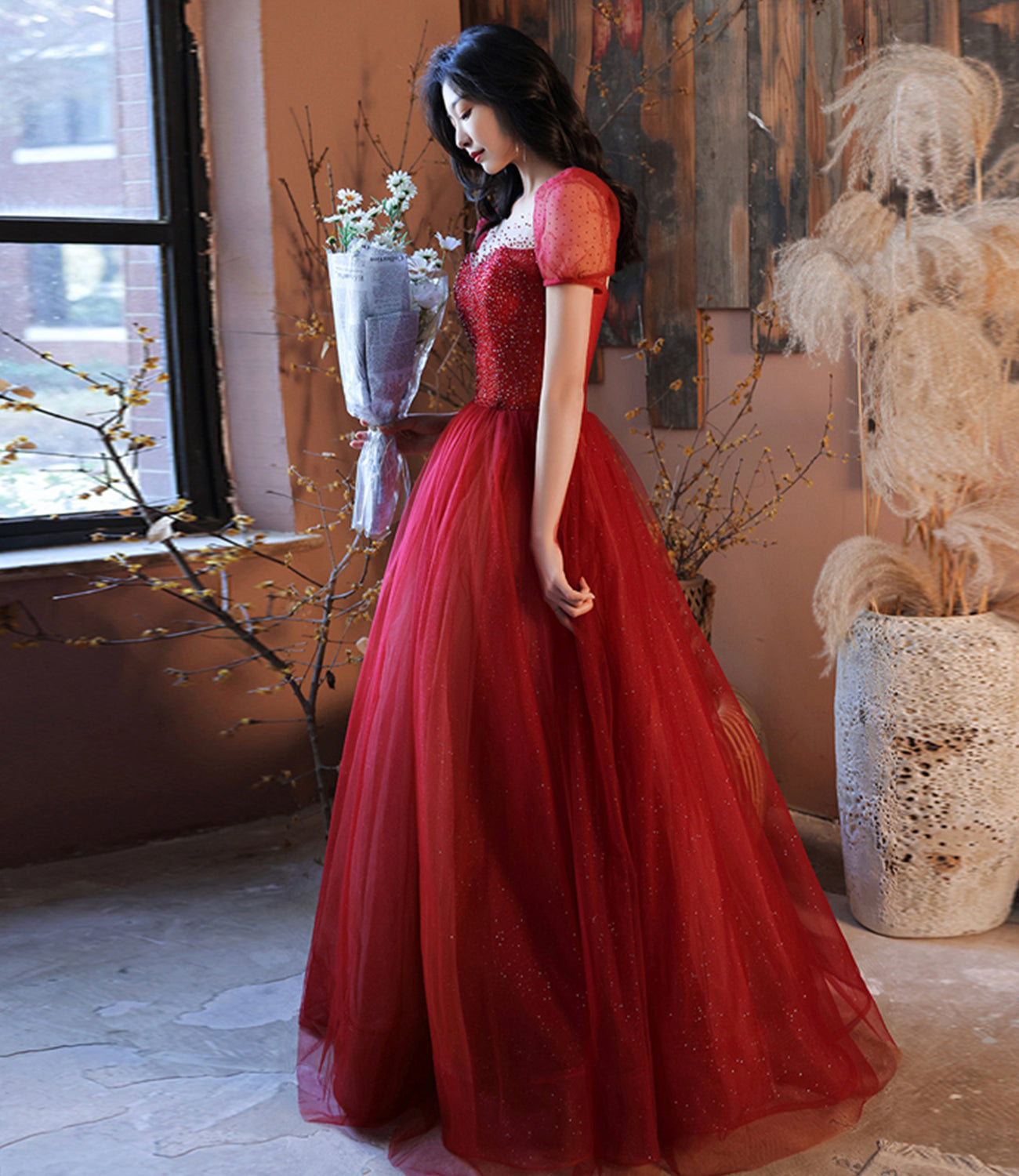 Burgundy tulle beads long prom dress evening gown 10315