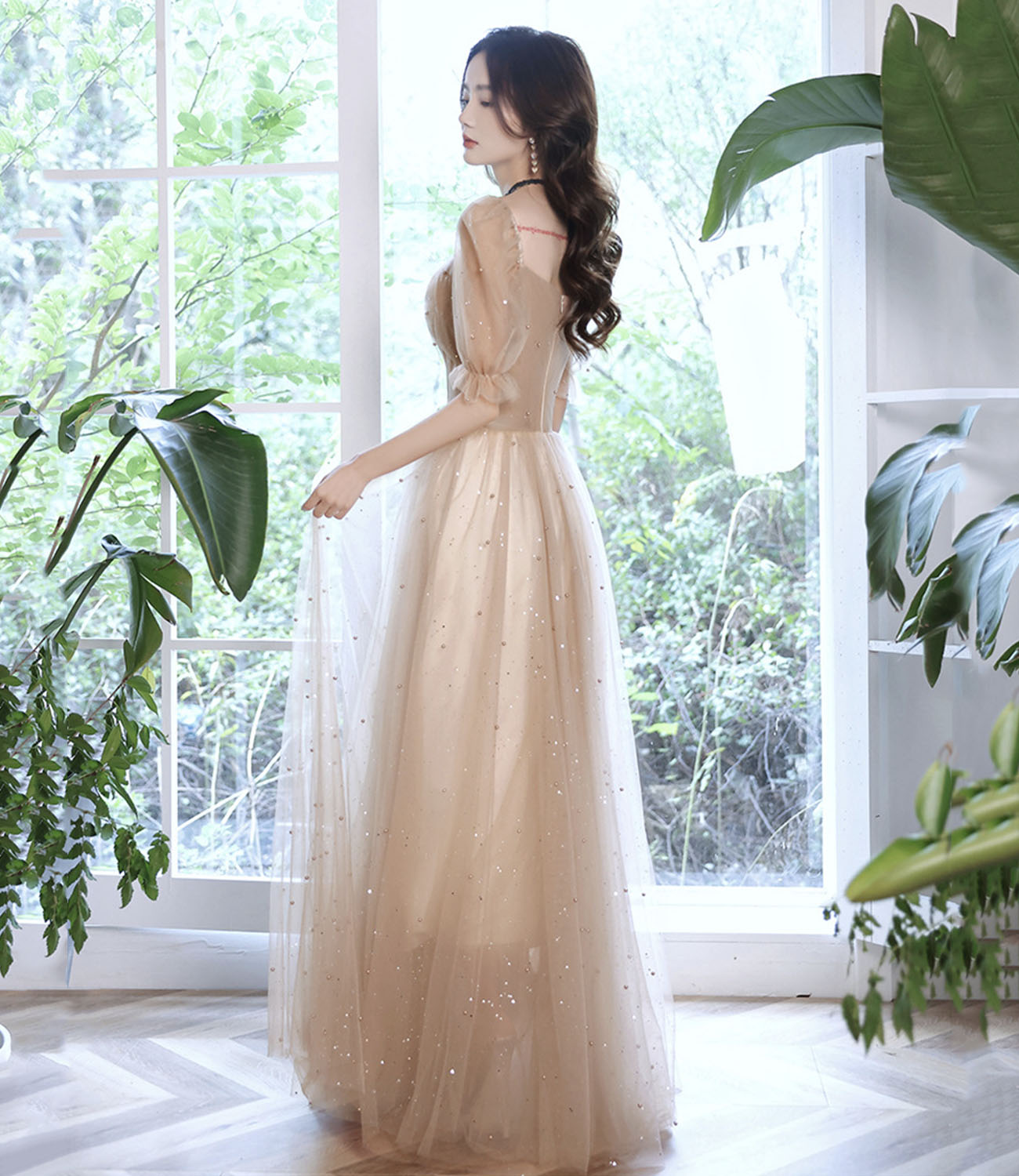Cute tulle long prom dress A line evening dress 10430