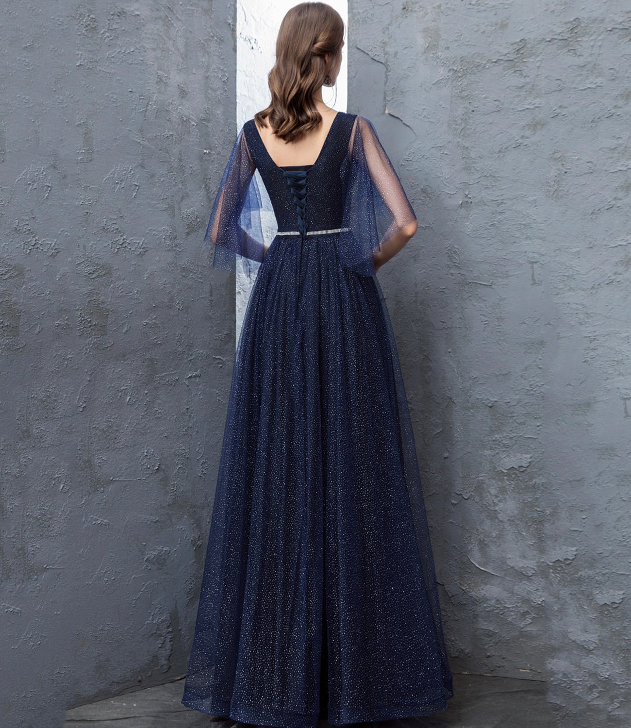 Blue tulle long prom dress A line evening dress 10377