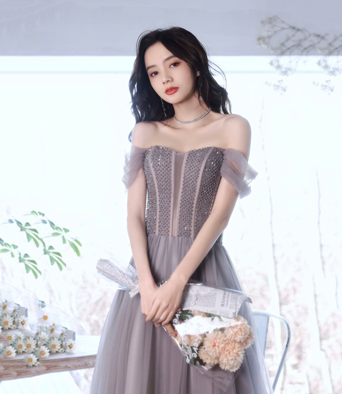 Cute tulle beads long prom dress A line evening gown 10319