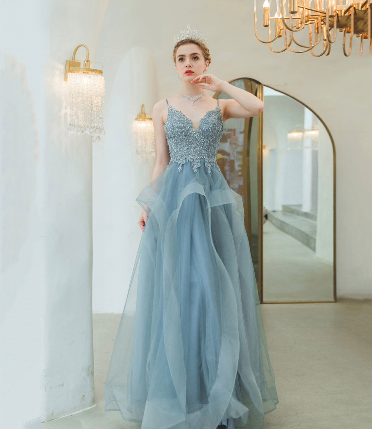 Blue tulle lace long prom dress blue evening gown 10241