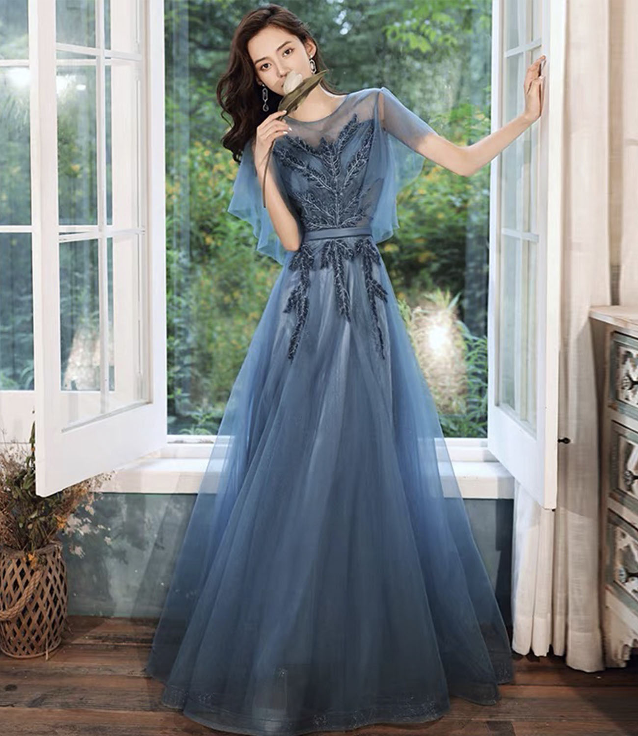 Blue tulle lace long prom dress blue evening gown 10286
