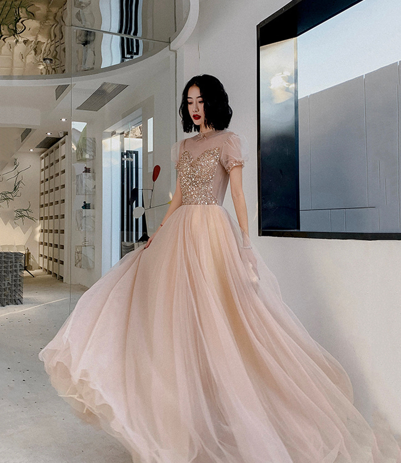 Cute tulle beads long prom dress A line evening gown 10264