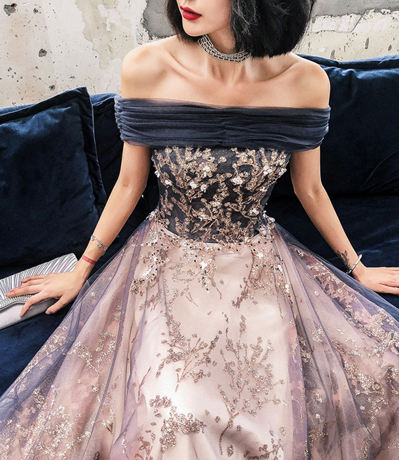 Blue tulle sequins long prom dress evening gown 10297