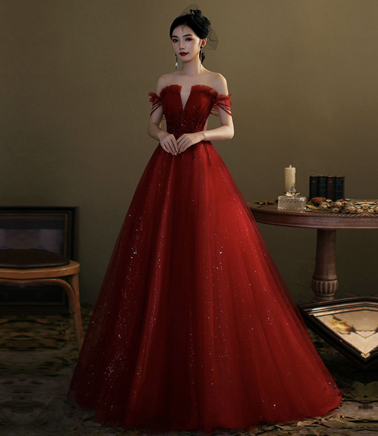 Red tulle sequins long prom dress evening gown 10276