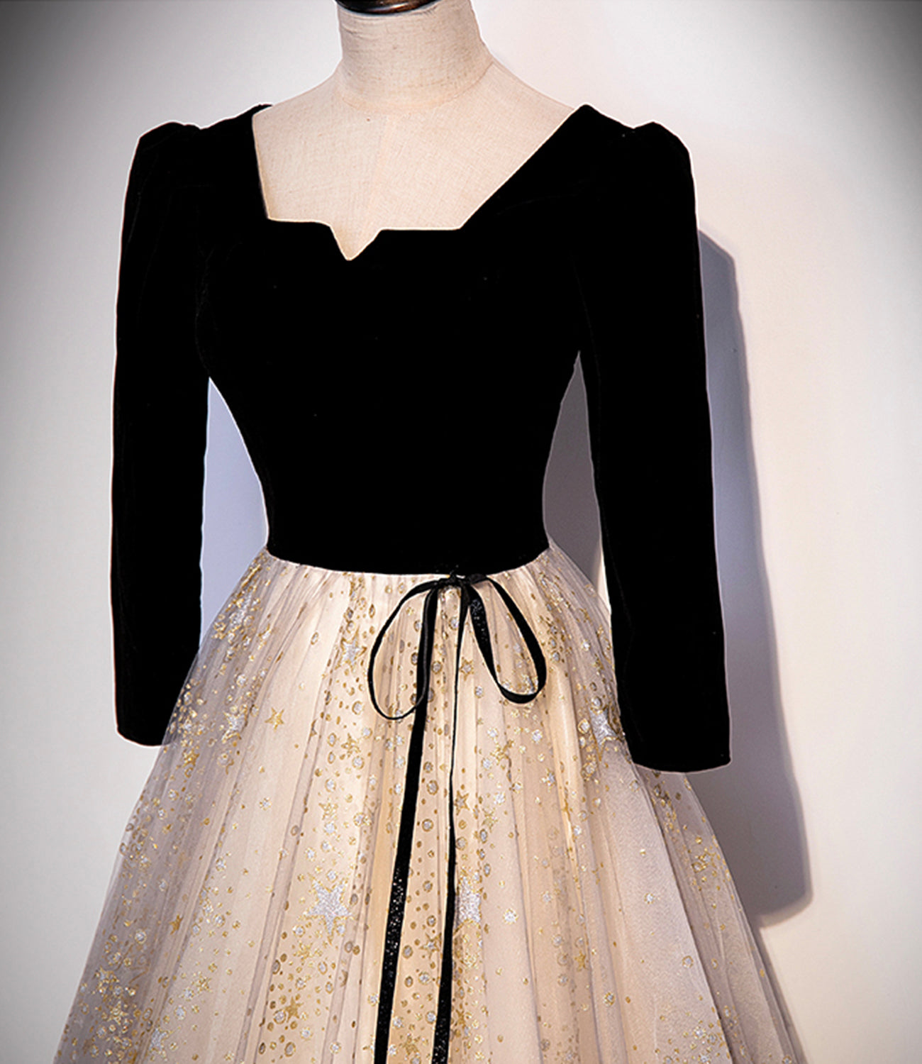 Black velvet tulle long prom dress A line evening gown 10237