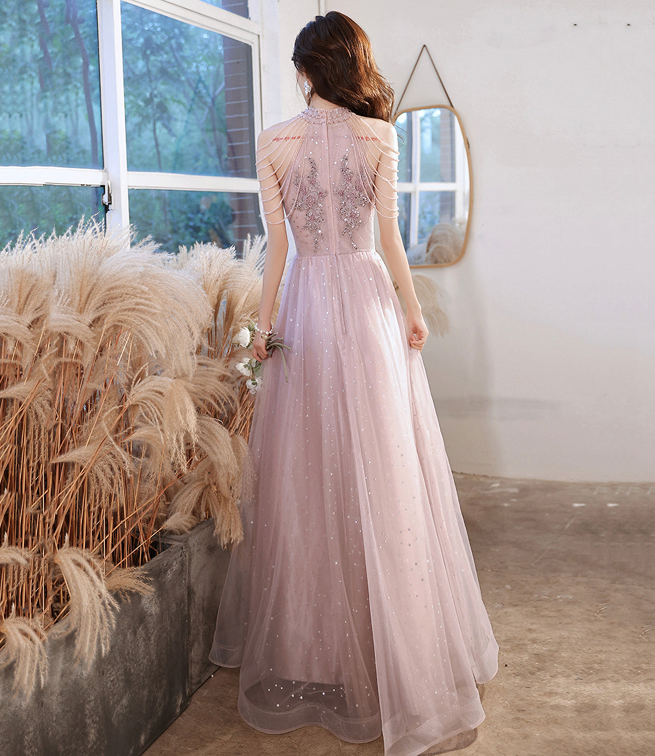 Pink tulle beads long prom dress A line evening gown 10299
