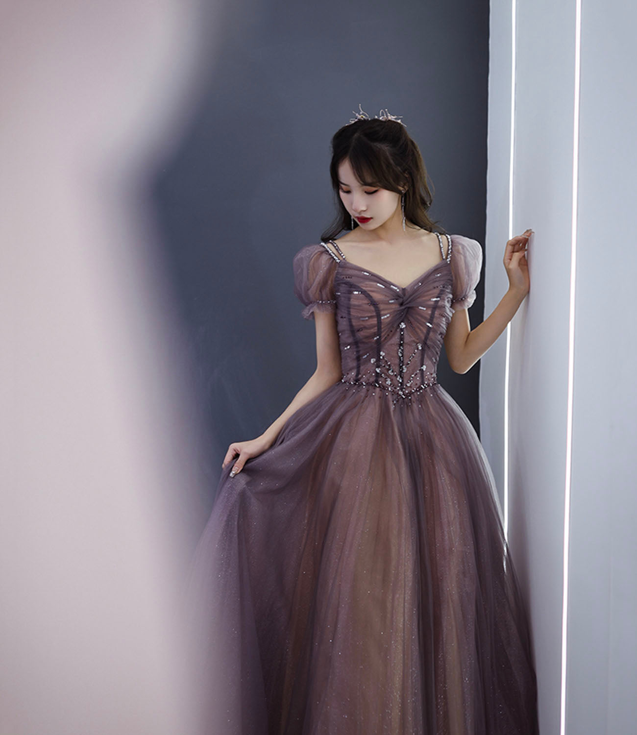Cute tulle long prom dress A line evening gown 10280