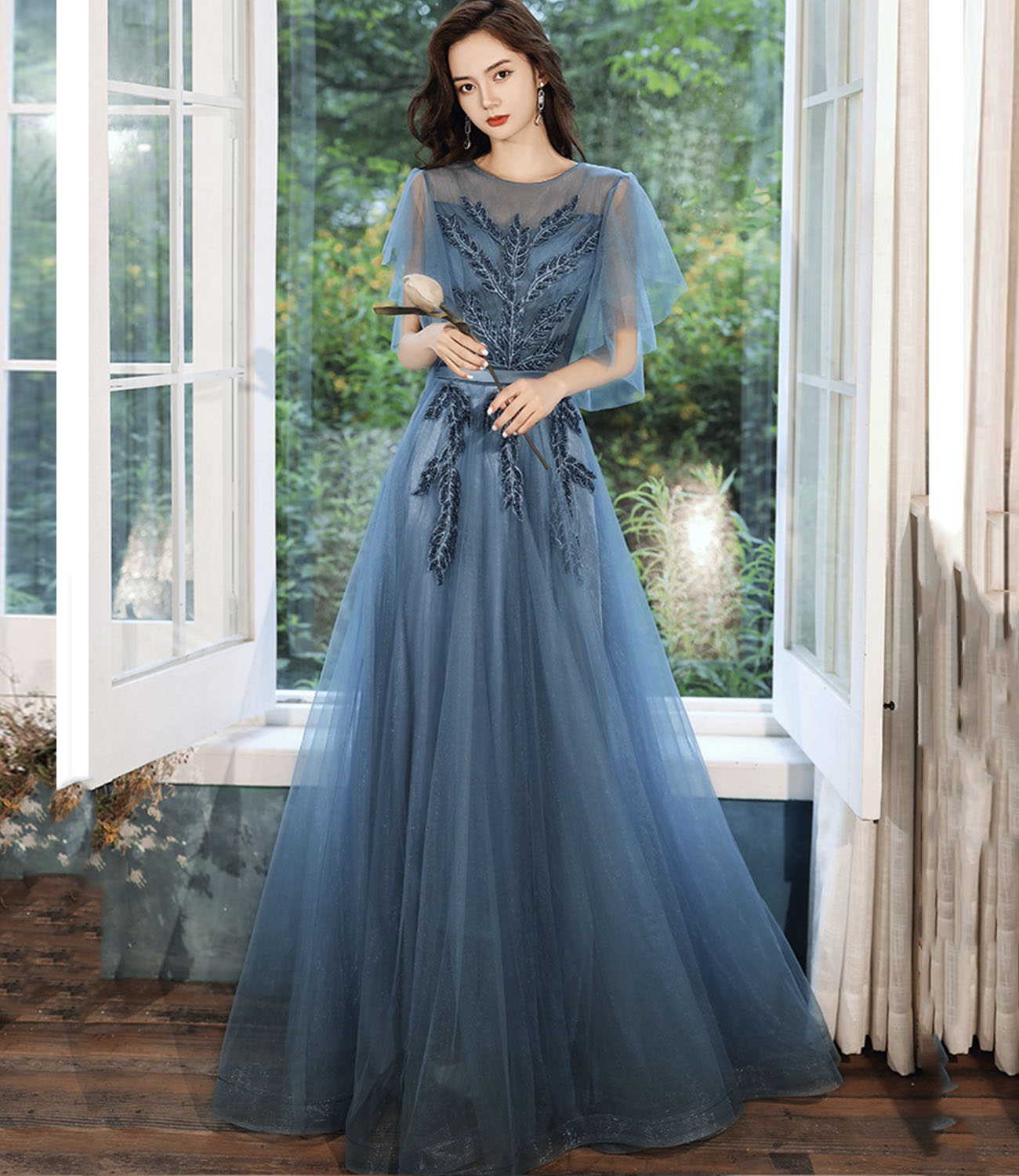 Blue tulle lace long prom dress blue evening gown 10286