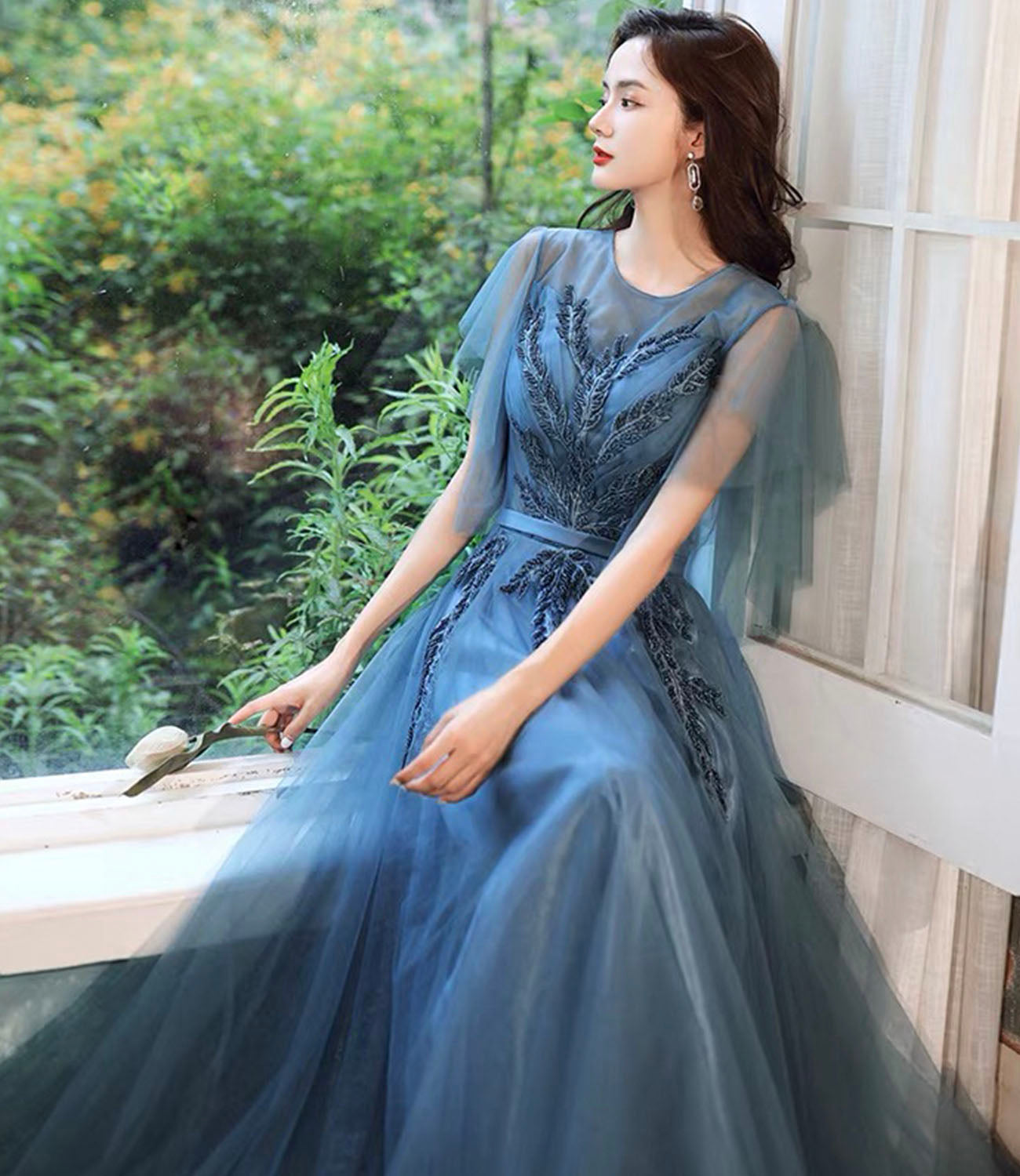 Blue tulle lace long prom dress blue evening gown 10286