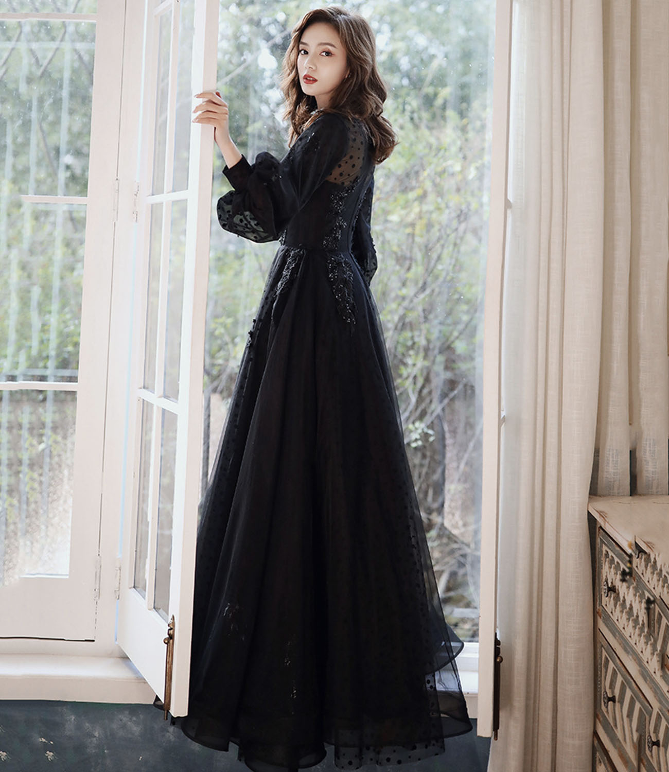 Black lace long prom dress A line evening gown 10277