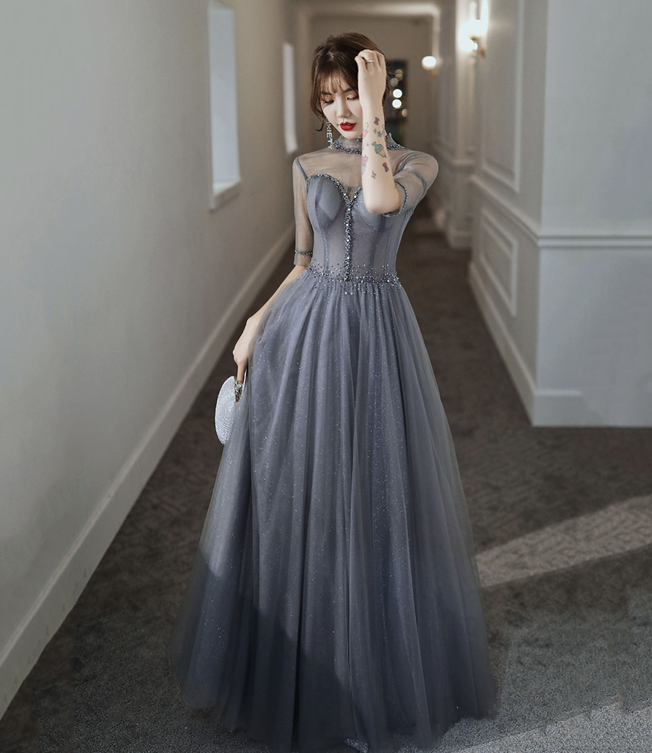 Gray tulle beads long prom dress A line evening gown 10278