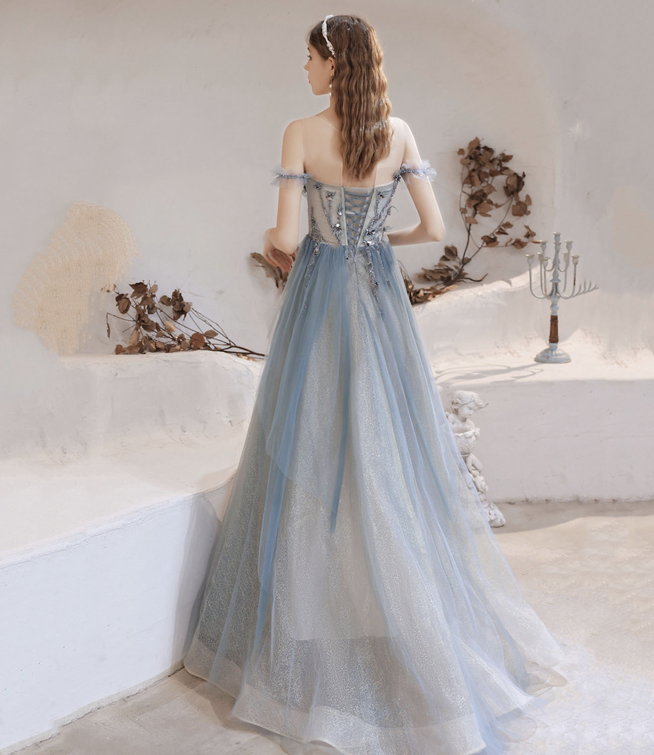 Blue tulle beads long prom dress blue evening dress 10283