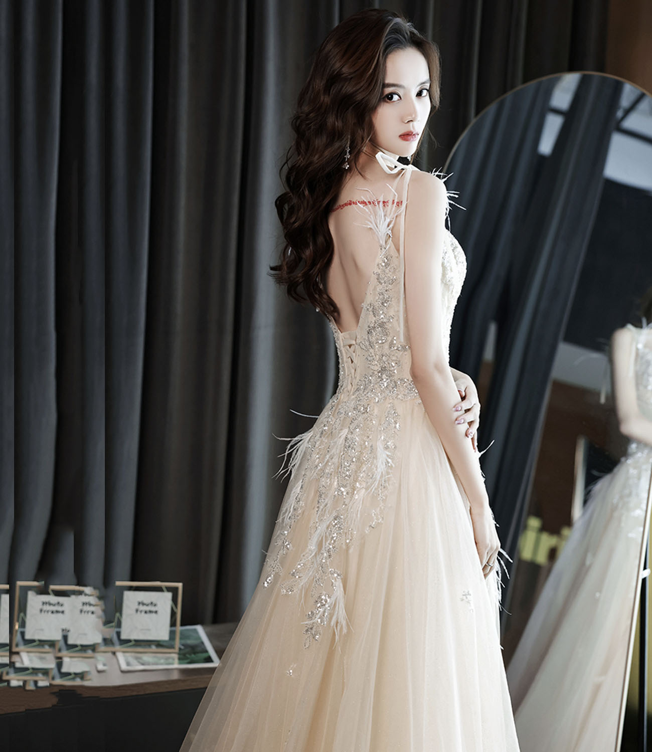 Champagne tulle sequins long prom dress evening gown 10281
