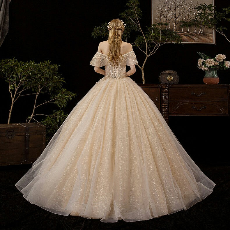Champagne tulle sequins long prom dress evening gown 10250