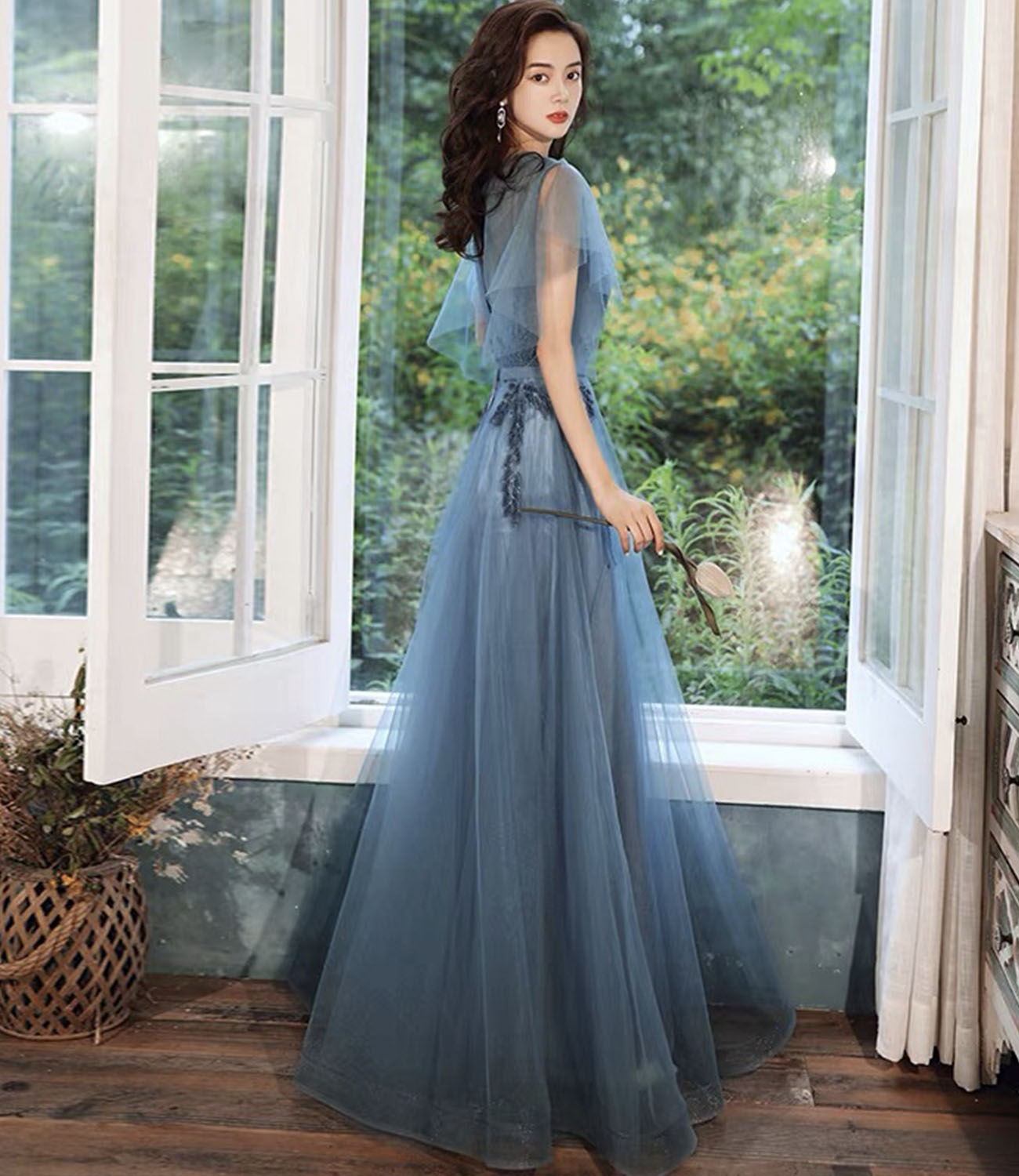 Blue tulle lace long prom dress blue evening gown 10286