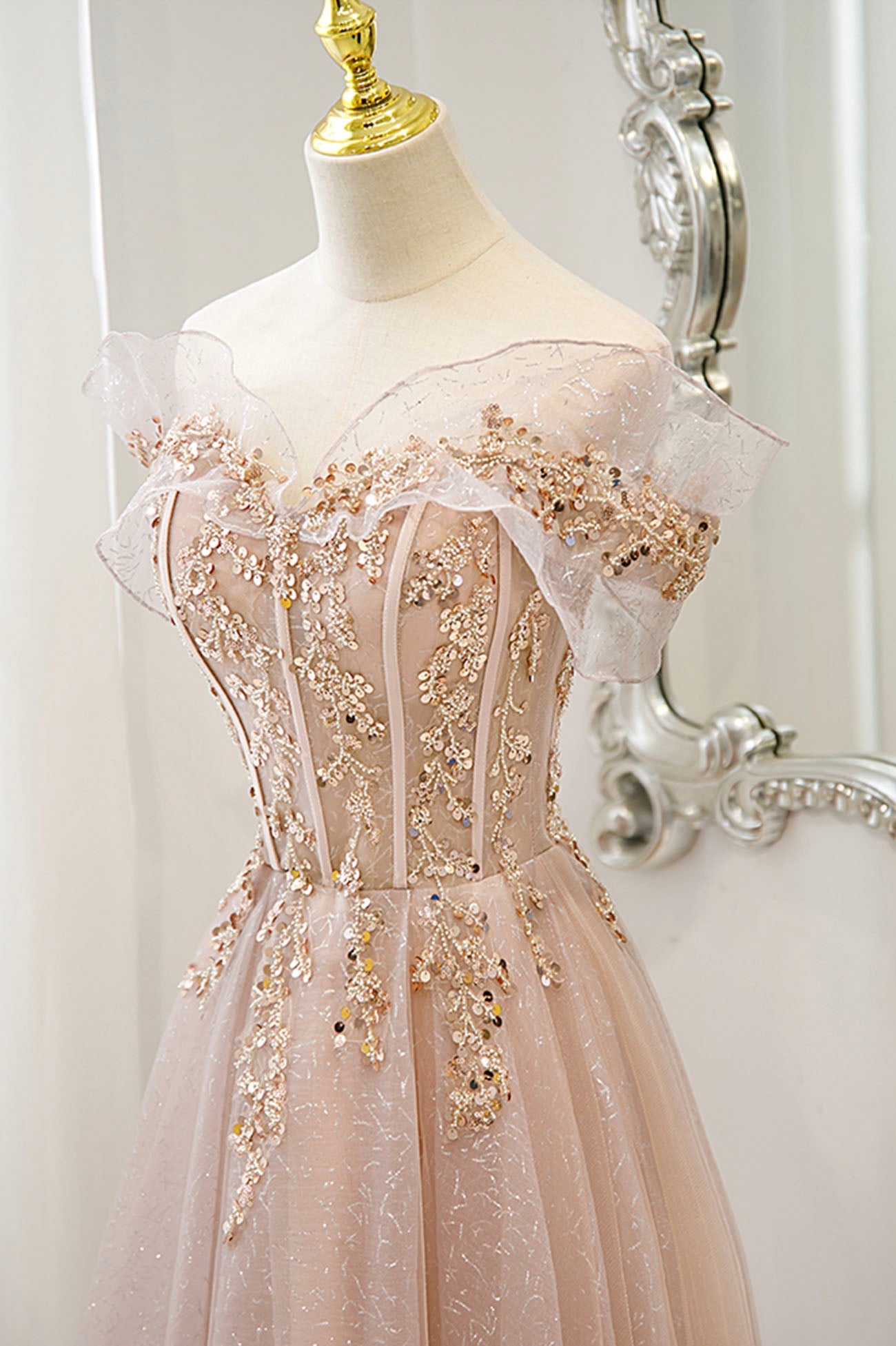 Pink tulle sequins long prom dress pink evening dress 10173