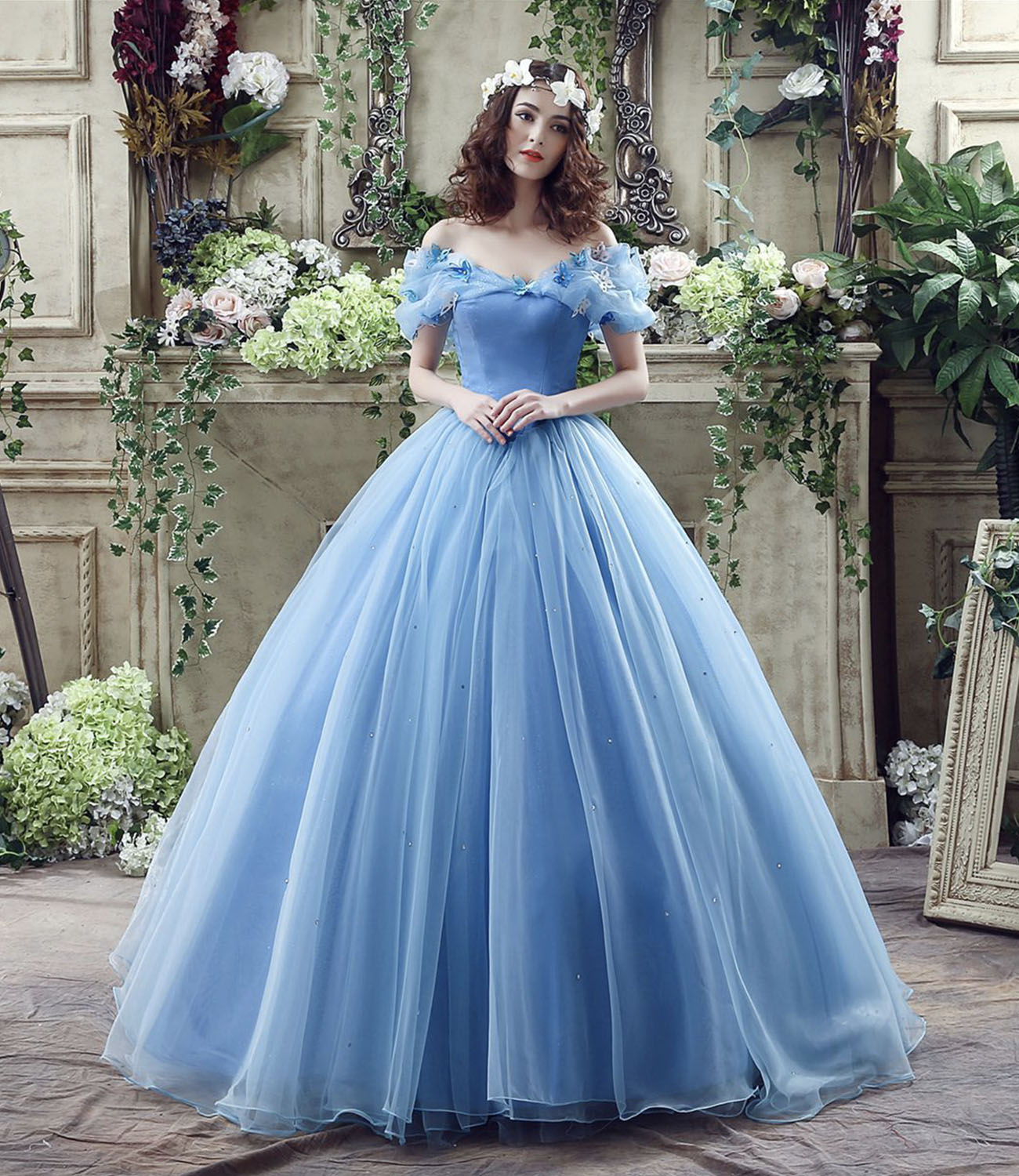 Blue tulle long A line prom dress evening gown 10185