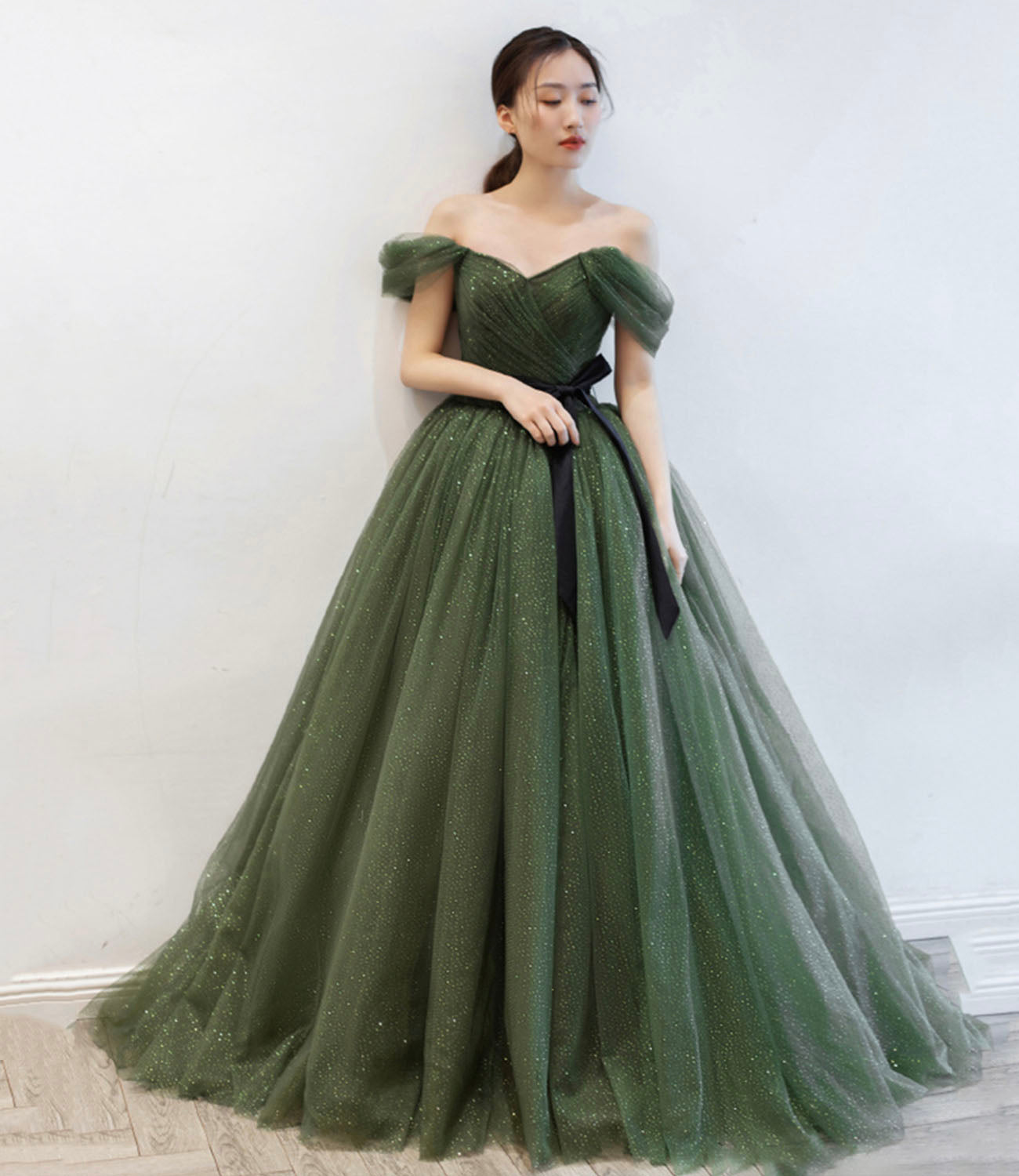 Green tulle long prom dress A line evening dress 10163