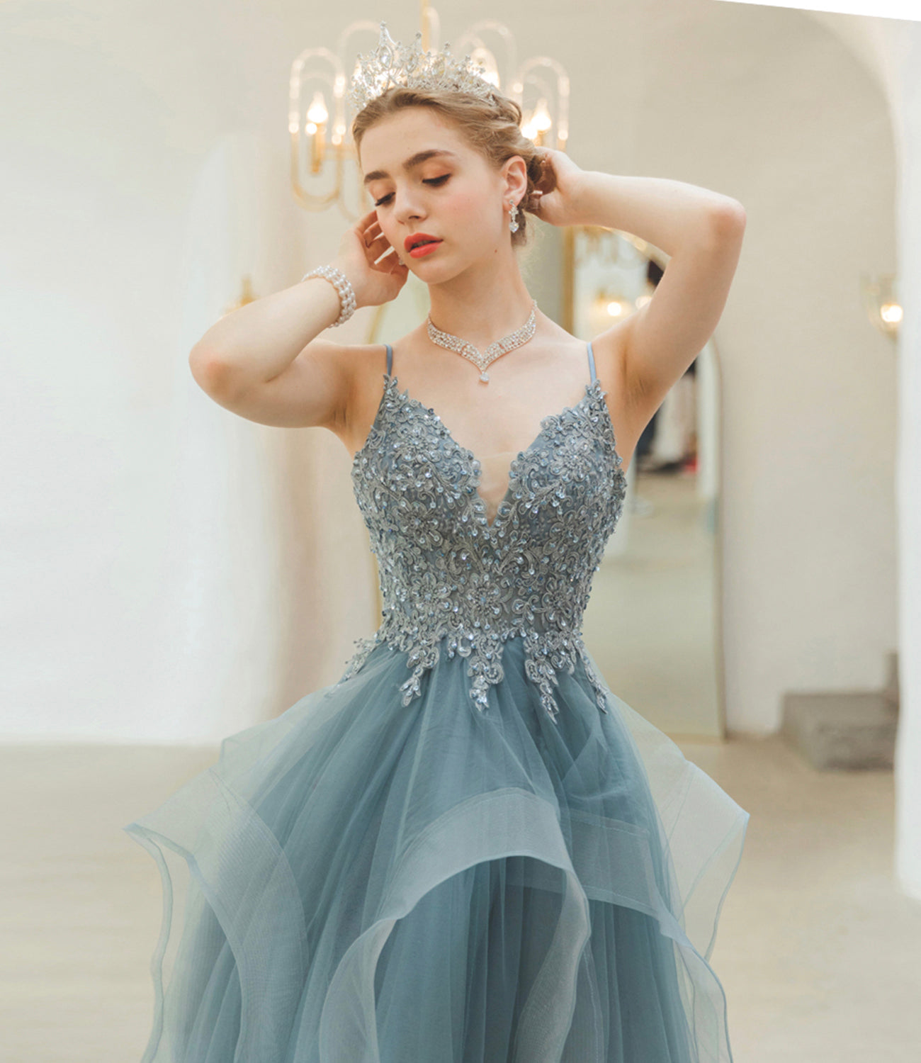 Blue tulle lace long prom dress blue evening gown 10241
